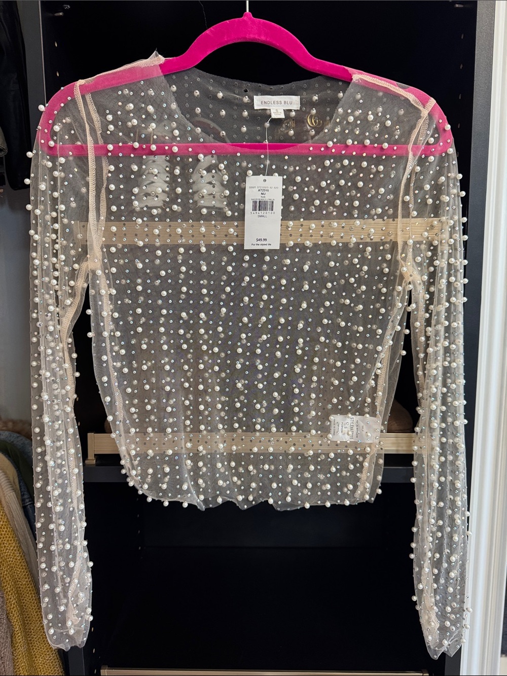 Endless Blu Cream Pearl-Embellished Sheer Long-Sleeve Blouse